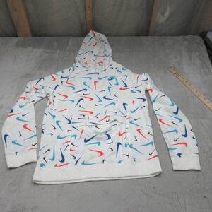 Nike Sweatshirt‎ Youth XL 16 White Fleece Swoosh Print Hoodie Kangaroo Pocket